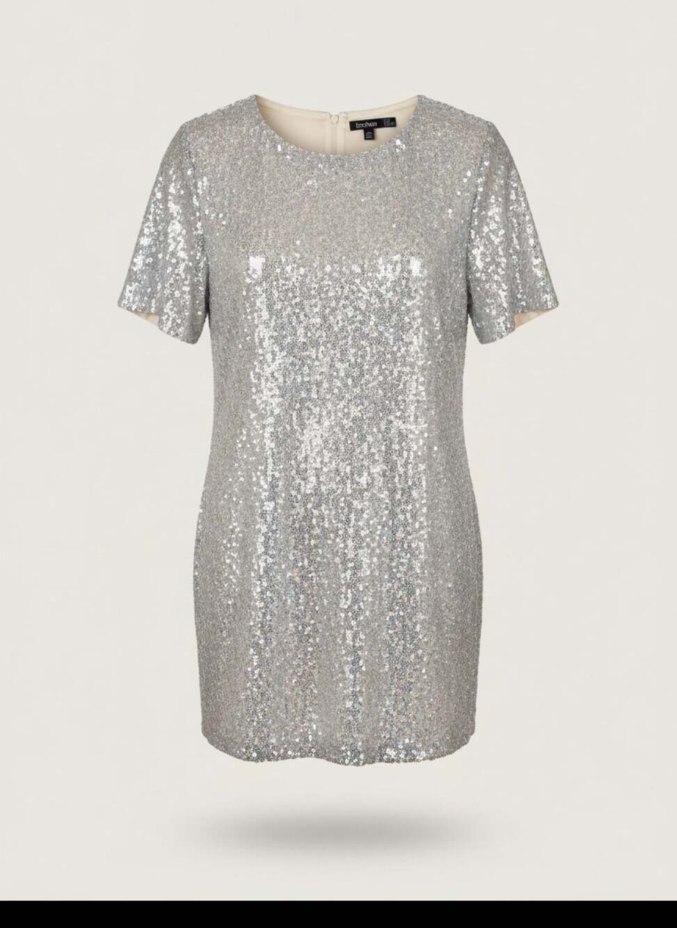 Boohoo Sequin Shift Dress Size US 8 Silver Short Sleeve Party Cocktail